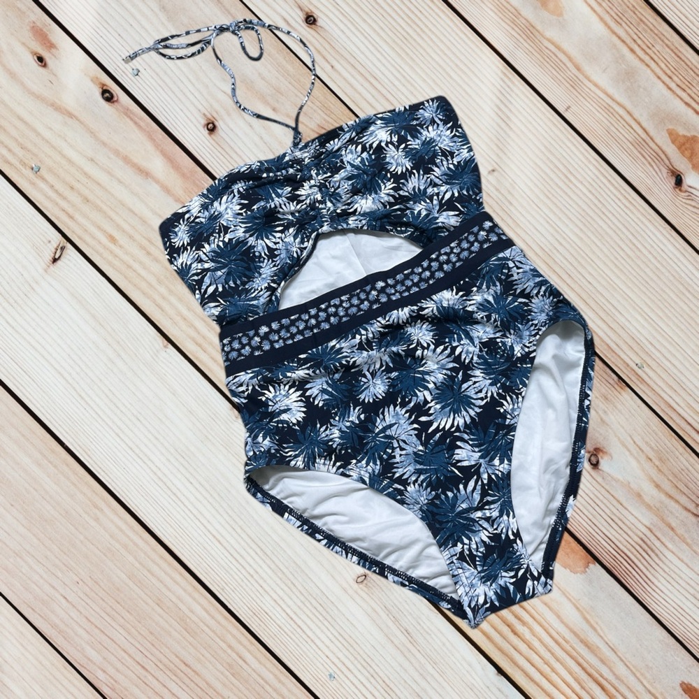 NWT Michael Michael Kors size 6 navy tropical palm Cutout Swimsuit - Picture 2 of 14